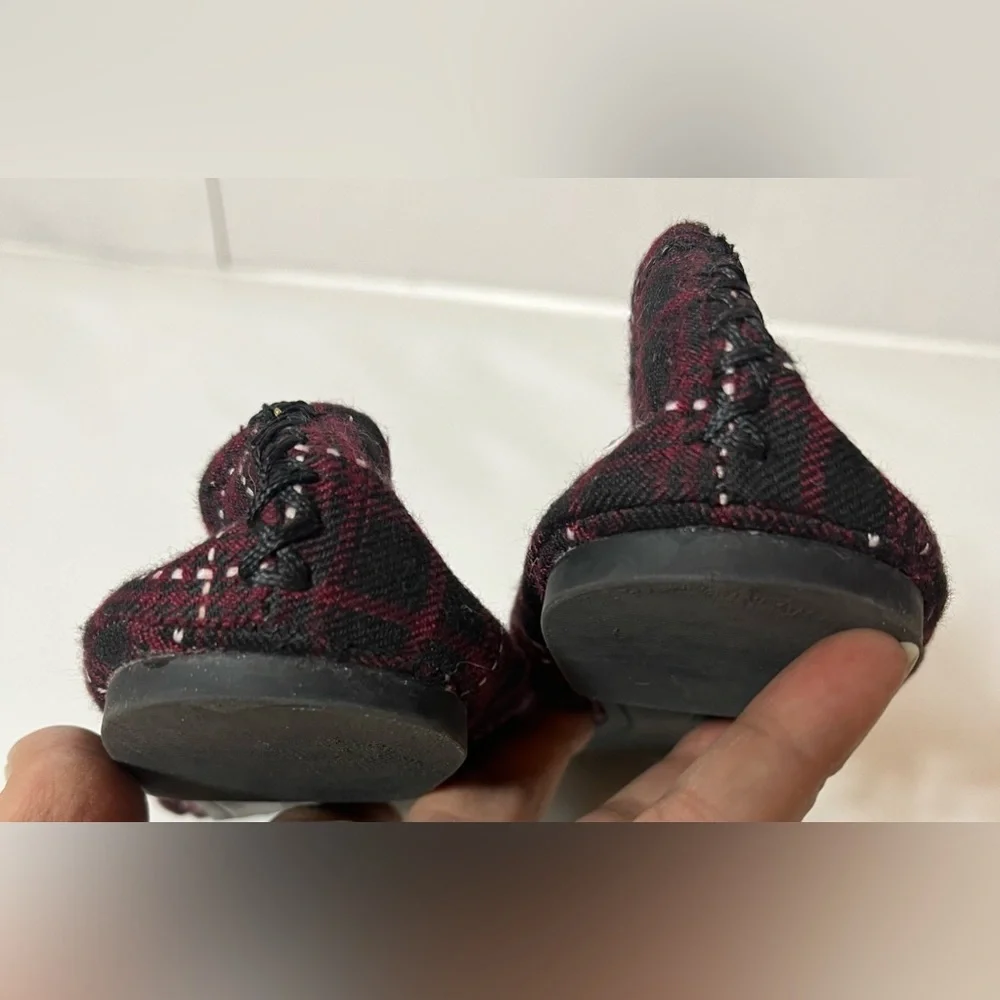 Lucky Brand Erin Plaid Ballet Flats Slip On Burgundy/blk/wht Fabric Shoes Sz 8M
